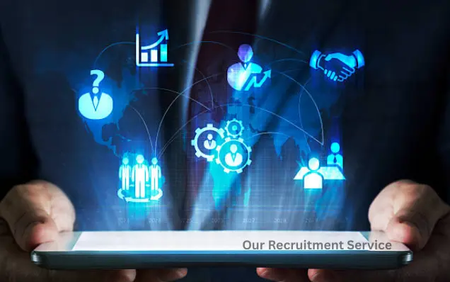 A person dressed in a suit holds a tablet displaying icons which represents the recruitment process
