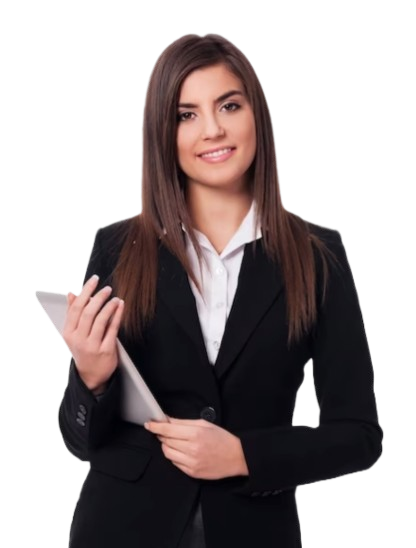 A professional businesswoman confidently holds a tablet, representing her expertise.